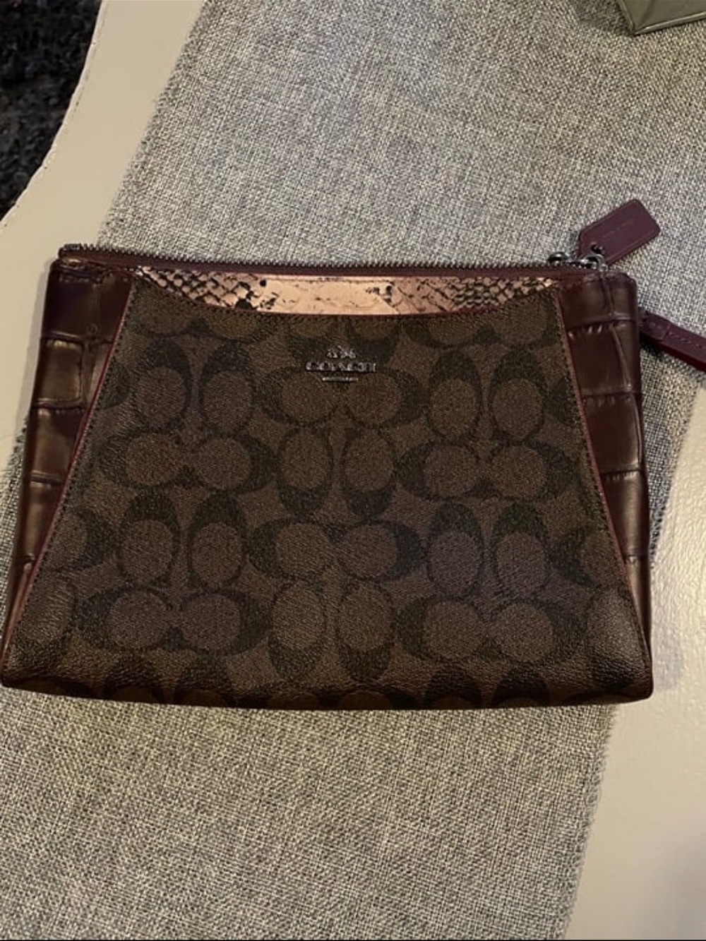 Coach Brown Signature Canvas Wristlet with Dark Brown Trim